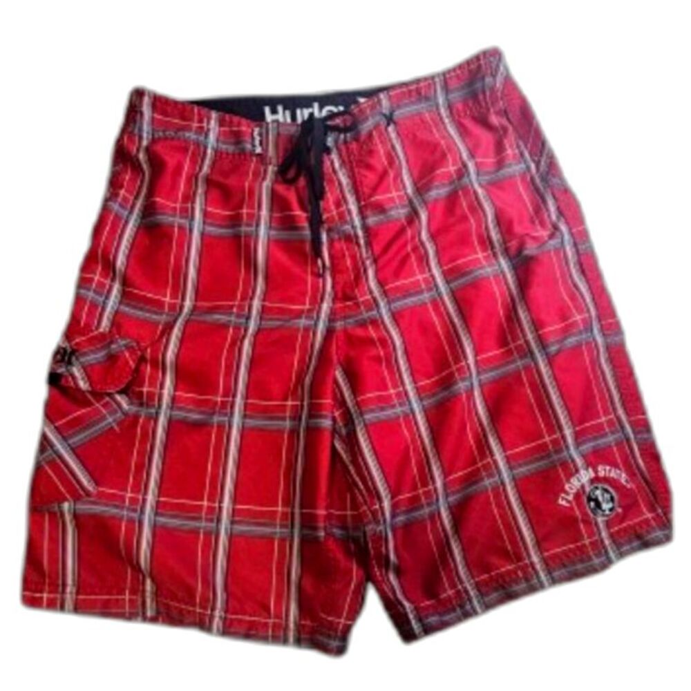 Hurley Florida State Seminoles FSU Board Shorts Mens 32 Red Plaid Swim Trunks